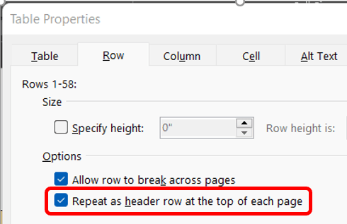 Table Header Row Not Repeating